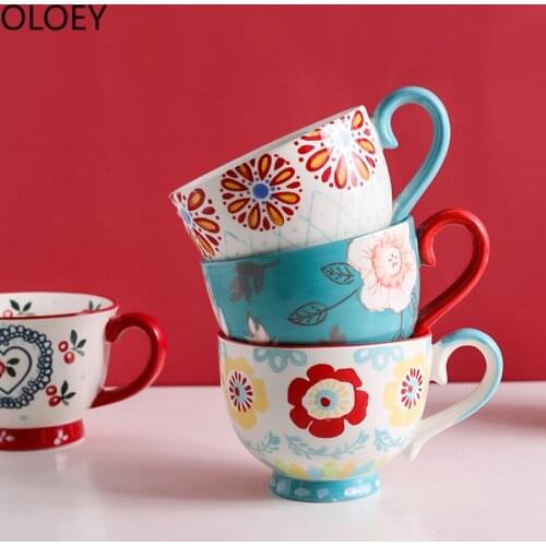 Ceramic Breakfast Coffee Mug Drink Porridge Cup Large Household Cute Flower Painting Milk Tea Cups Afternoon Teacup Girls Gifts