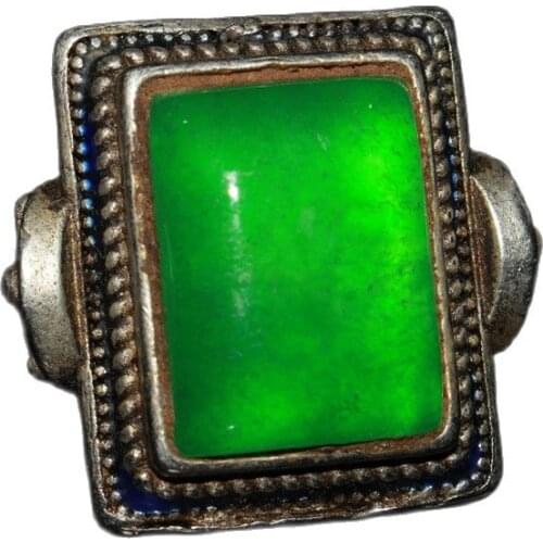 China Old Tibetan Silver Inlaid Emerald Blue Burning Ring Ornament