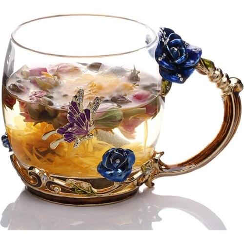 Creative Handmade Enamel Home Decration Enamel Flower Crystal Glass Coffee Tea Water Cup with Spoon