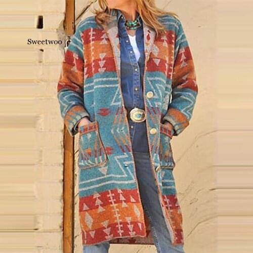 Jackets Patchwork Long Sleeve Autumn Woman Coats O-Neck Long Jackets Coats Vintage Print Retro Long Blouses Jackets Pockets 202