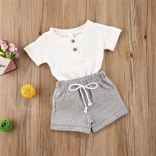 Summer Casual Toddler Baby Boys Girls Outfits Suit White Button Cotton Linen T Shirts Tops+Striped Pants 2Pcs Infant Baby Set