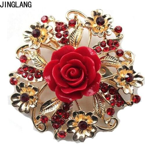 JINGLANG Fashion Gold Color Rhinestone Brooches High Quality Resin Rose Brooches For Women Wedding Dress Decoration Jewelry