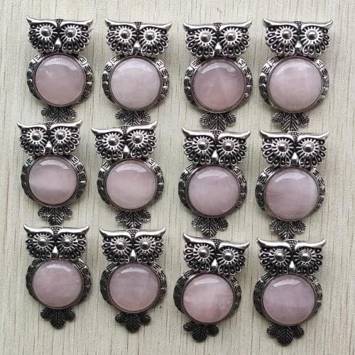 Fashion pink natural quartz stone Vintage alloy owl pendants for jewelry accessories making wholesale 12pcs/lot free shipping