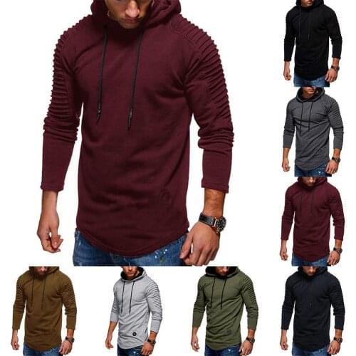 Men Casual Solid Color Slimming Fit Hoodies Pleated Long Sleeve Hooded Sweatshirt
