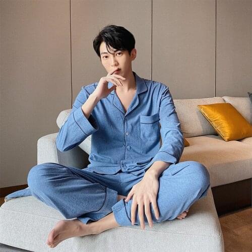 Mens Pajamas Set Colored Cotton Long Sleeve Home Clothes Suit Spring Autumn Sleepwear