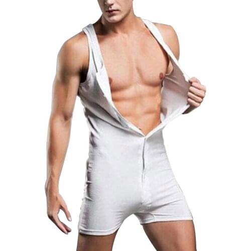 Mens pajamas set Sexy Solid Color One-piece Vest Tank Top Buttons Shorts Jumpsuit Bodysuit