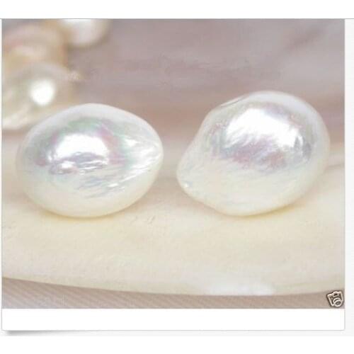 Charming 10-11mm natural south sea baroque white pearl stud earring14k