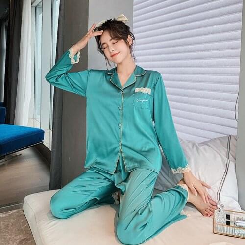 Sexy Lace Sweet Pyjamas Womens Spring Autumn Long Sleeve Pajamas Thin Satin Silk Korean Fashion Two-piece Suit Home Loungewear