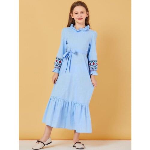 10 12 Years Girls Dress Long Sleeve Maxi Dress Teenager Outfit Embroidery Princess Muslim Girls Clothing