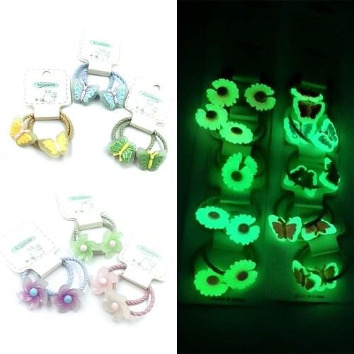 5Pcs/Set Noctilucent Colorful Elastic Hair Accessories Bands For Girls Cartoon Lovely Bowknot Hair Rope Headdress Clips Hairwear