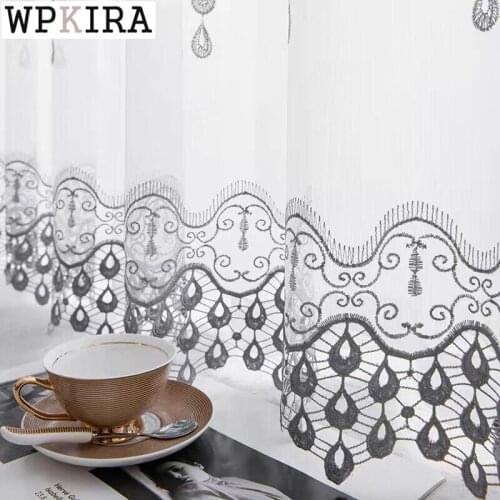 Luxury Lace Grey Embroidery Curtain for Living Room White Sheer Voile Drape Mesh Fabric Balcony Kitchen Window S265#D