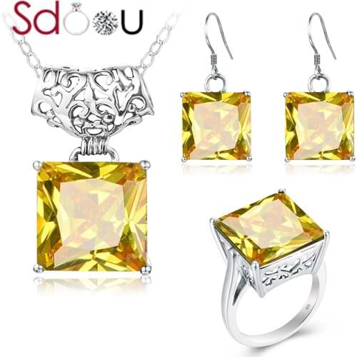 SDOOU Silver 925 Jewelry Sets Real Sterling Silver Ring Earring Pendant Set Yellow Citrine Shining Luxury Jewelry Wedding Gift