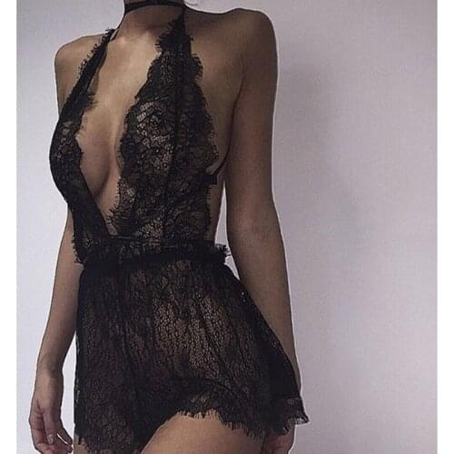 Sexy Bodysuit Rompers Womens Lace Crochet Playsuits Deep V Neck Back Hollow Out Black Jumpsuit Plus Size