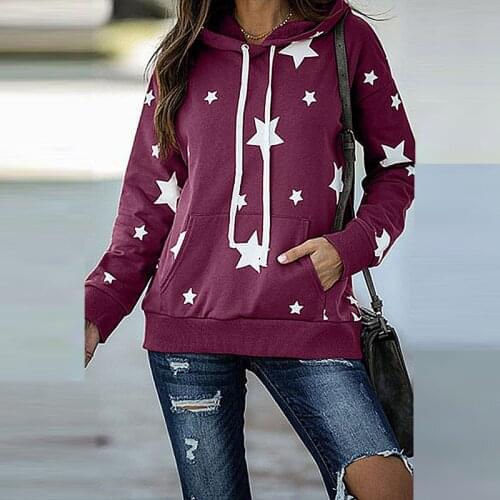 Sweatshirt Womens Casual Fashion Loose Star Print Hooded Pocket Long Sleeve Sweatshirt Moletom Feminino Sudaderas Con Capucha