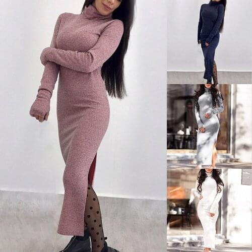 Turtleneck Knitted Sweater Dress Bodycon Long Dress Sexy Split Long Sleeve Womens Autumn Winter Slim Solid Maxi Dresses