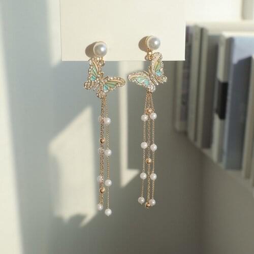 YAOLOGE Pearl Beads Long Chain Pendant Earrings Bling Bright Golden Romantic Butterfly Earrings Fairy Female Fashion Jewelry