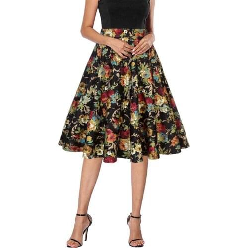 Elegant Vintage Woman Retro Flower Bouquet Floral Print High Waist Midi Skirts Knee-Length Long Saia Feminina Ladies Skirt 2019