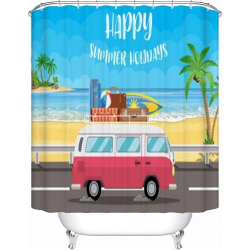 Happy Holiday Camper Shower Curtain Set Beach Surfing Home Decor Curtains Bathroom Fabric Bathtub Curtains With Hooks Waterproof