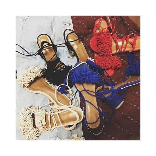 Woman Classical Suede Tasseel Lace up Sandals Med Square Heels Peep Toe Shoes Summer Bandage Fringed Party Sandals