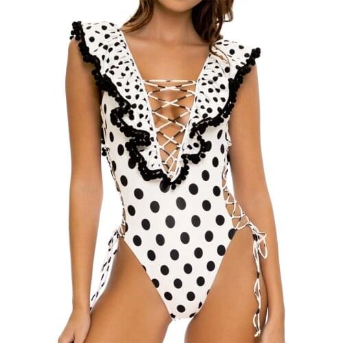 Lolita Dot Polka Lace Up Deep V Swimsuit Push Up Swimwear Women Ruffle Monokini Bodysuit Bathing Suit Swim Wear Drop Ship