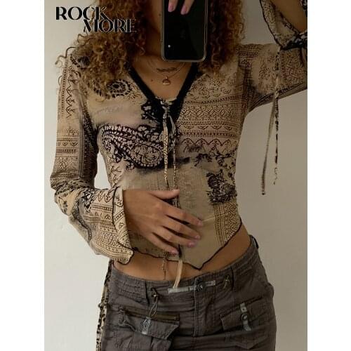 Rockmore Fairy Grunge Print Crop Top WomenS Flare Sleeve Tshirts Aesthetic Retro Harajuku Tie Up V-neck Tee 90s Vintage Clothes