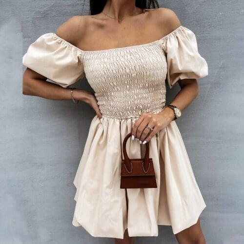 Puff Sleeve Off Shoulder Pleated Women Mini Dress Solid Tunic Ladies Party Dresses Summer Trendy Vintage Female Vestidos 2021