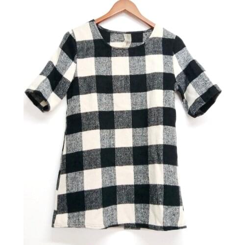 Women Casual classic O-Neck Black white grid Mature women career work Wool Short sleeved Mini Dress