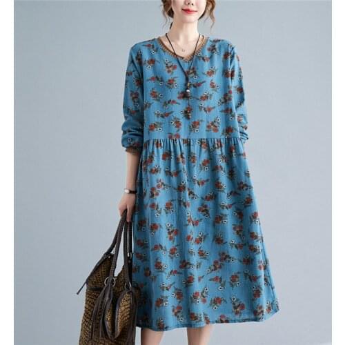 2021 New Arrival Long Sleeve Autumn Dress Cotton Linen Print Floral Vintage Dress Women Spring Holiday Travel Casual Midi Dress