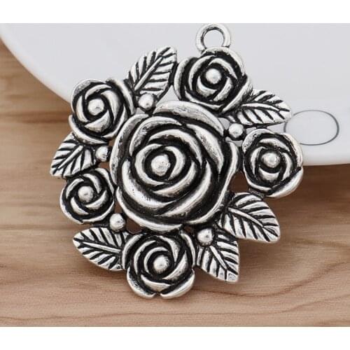 3 Pieces Large Rose Flower Charms Pendants for Necklace Jewellery Making Findings 62x54mm