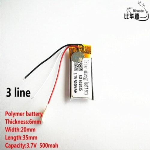 5pcs/lot 3 line Good Qulity 3.7V,500mAH,602035 Polymer lithium ion / Li-ion battery for TOY,POWER BANK,GPS,mp3,mp4