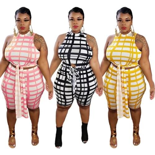 5xl Plus Size Women Clothing Two Piece Set 4xl Fashion Casual Plaid Half High Collar Belt Outfits Summer Wholesale Dropshipping