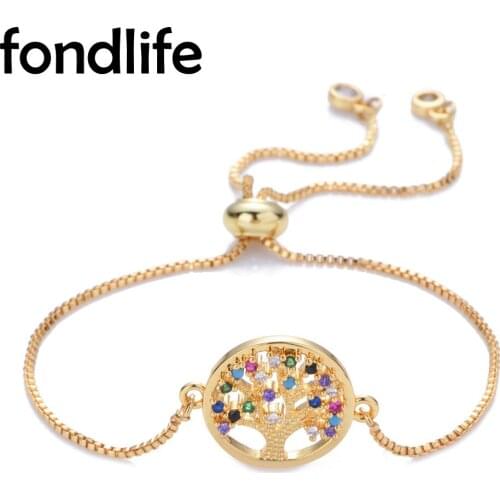 AAA Multicolor Rainbow Cubic Zirconia Stones Tree Of Life Lucky Charm Chain Adjustable Bracelet Gold-plated Rose-gold Jewelry