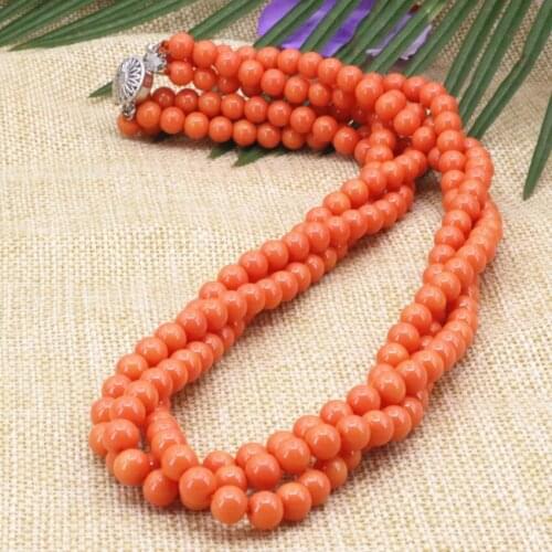 Charms 3 rows winding necklace for women orange artificial coral 6mm round beads gifts chain choker elegant jewelry 18inch B3184