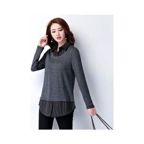 Clobee 2021 Social Autumn Fake Two Pieces Shirts Plus Size Blouses For Women 3xl 4xl 5xl Blusas Femininas Striped Tops A521