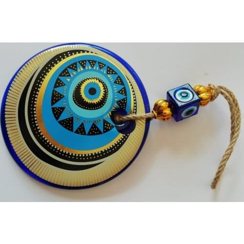 Big Size-14 cm Diameter- Golden Gilted and Colored Patterned Glass Blue Evil Eye Wall Hanging Ornament – Turkish Nazar Bead - Ho