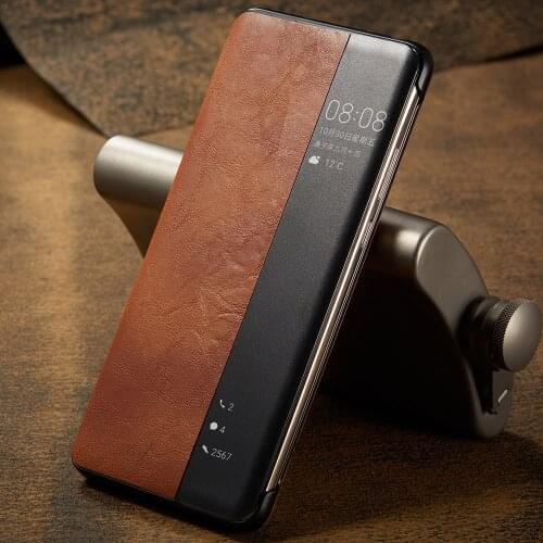 Genuine Real Leather Smart Sleep Window Book Flip Case Cover For Huawei Mate 40 Pro