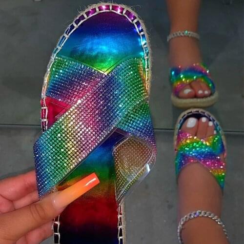 Women Hemp Rainbow Crystal Slippers Female Summer Rhinstone Colorful Cross Tied Slides Ladies New Casual Flat Plus Size