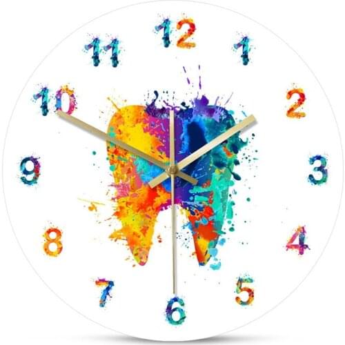 Hot XD-Watercolour Tooth Painting Print Wall Clock Clinic Wall Art Non Ticking Wall Watch Orthodontist Dentist