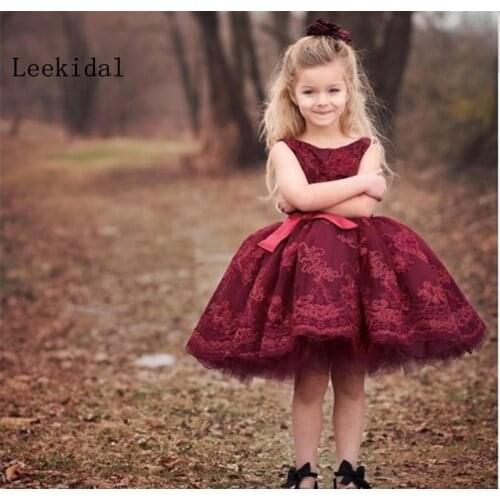O-Neck Lace Sleeveless Flower Girl Dresses With Bow Knee Length Dark Red Pageant Dresses For Little Girls Evening Party Gowns