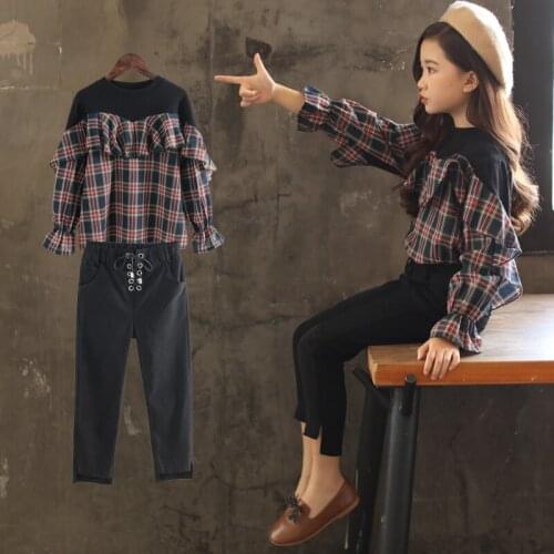 Hot Sale Girls Fall Clothes 2 Pcs Set 2020 New Fashion Childrens Sport Suit Kids Lovely Ruffles Shirt Tops + Pants Twinset X473