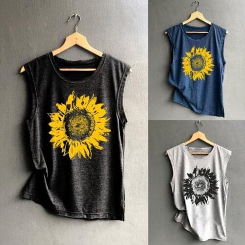 Fashion Casual Women Summer Vest O Neck Sleeveless Sunflower Print Loose T-shirt Top