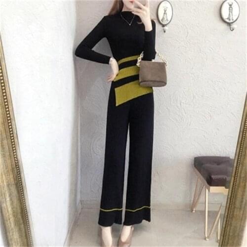 Fashionable temperament suit women winter New high quality womens Korean sweater coat + wide leg pants two sets women