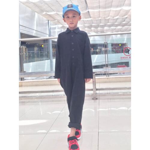 Mens Black long-sleeved tooling overalls-mid-weight chinos with plastic buttons, produced to order YUTU&MM696