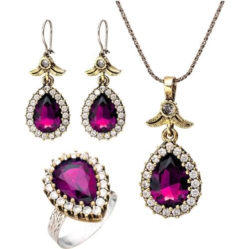 Purple Amethyst Cubic Zirconia Hurrem Sultan Drop Authentic Silver Triple Female Set Adjustable Ring