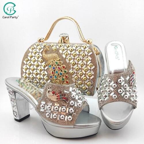 New Arrival Italian Design Party Platform Women Shoes and Bag Set With Special Phoenix Shape Metal Decoration in Silver Color
