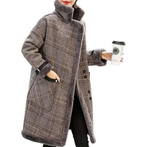 New Faux Lamb Wool Jacket 2021 Autumn Winter Womens Thicken Parkas Loose Plaid Long Coat Plus Size Female Casual Warm Outwear