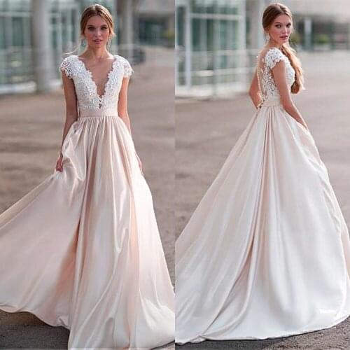 Gorgeous Cap Sleeve Wedding Gowns A-Line Satin V-Neck Bridal Dress Illusion Back White Bridal Dress vestidos de novia