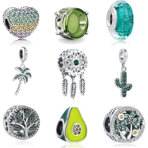 Fit Original Pandora Charms Bracelet 925 Sterling Silver charm cactus palm ribbon clip Green bead DIY Jewelry Making Berloque