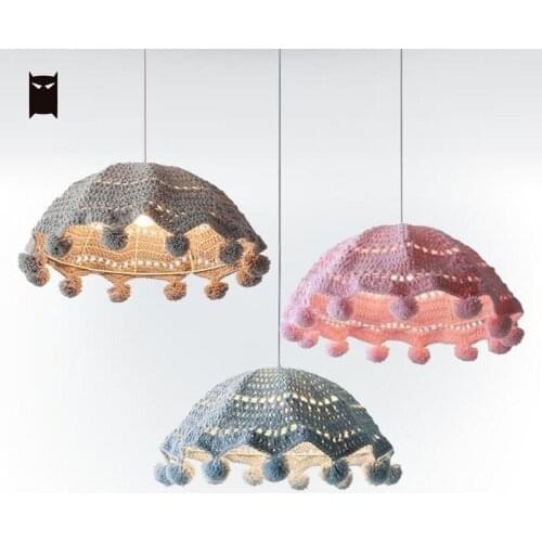 60cm Pink Blue Gray Cotton Thread Wicker Rattan Hat Pendant Light Fixture Rustic Art Deco Hand Woven Hanging Ceiling Lamp Design