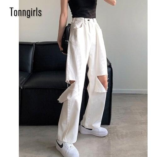 Tonngirls Srteetwear Ripped Jeans For Women Casual Loose High Waisted Jeans Straight Leg Demin Pants Femme Korean Fashion 2021